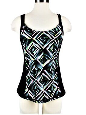 Swim Tankini Top Only Cut-Out Back Slimming Side Panel-Black Multicolor Size M